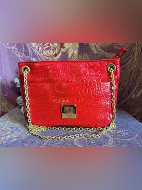 Anne Klein Red Croc-Embossed Chain Crossbody Bag